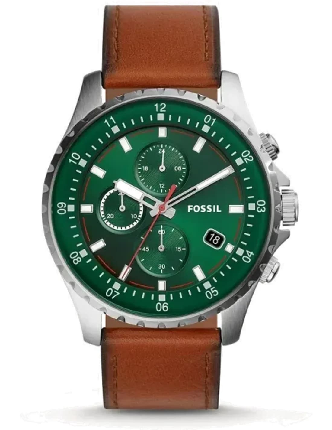Montre Homme Fossil FS5734 Chronographe Cadran Vert Acier Bracelet Cuir Marron