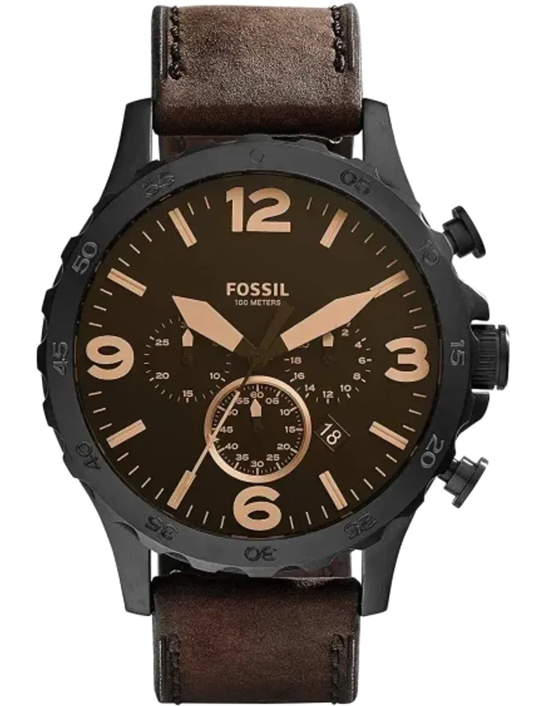 Montre Homme Fossil Nate JR1487 Chronographe Boîtier Brun, Cadran Marron, Bracelet Cuir