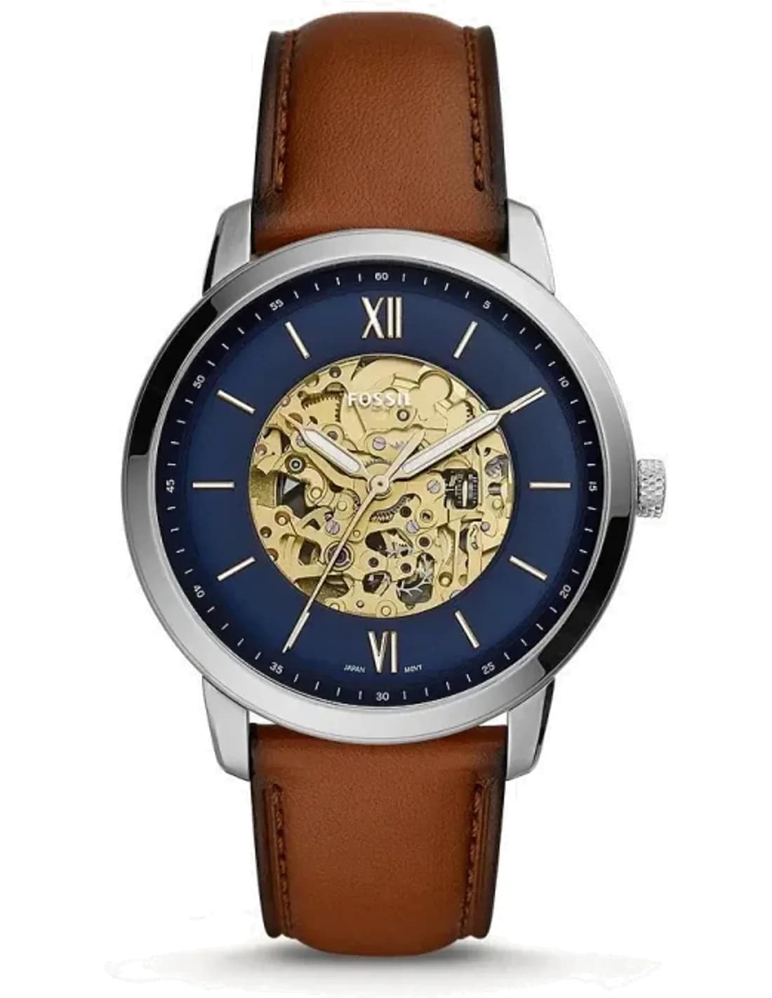 Montre Homme Fossil Neutra Automatic ME3160 - Cadran Bleu, Bracelet Cuir Marron