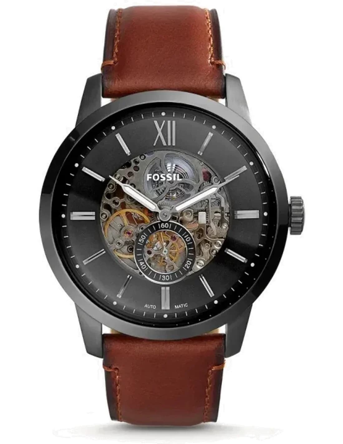 Montre automatique Fossil Townsman ME3181 pour homme, boîtier gris 48mm et bracelet cuir ambré