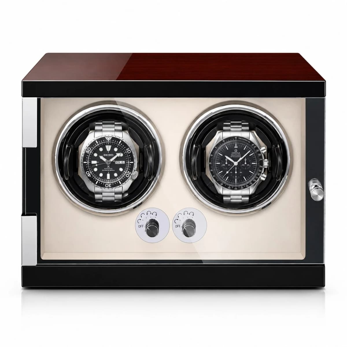 Remontoir à Montre Automatique Capri 2 Montres Bois Ébène Intérieur PU Blanc Crème