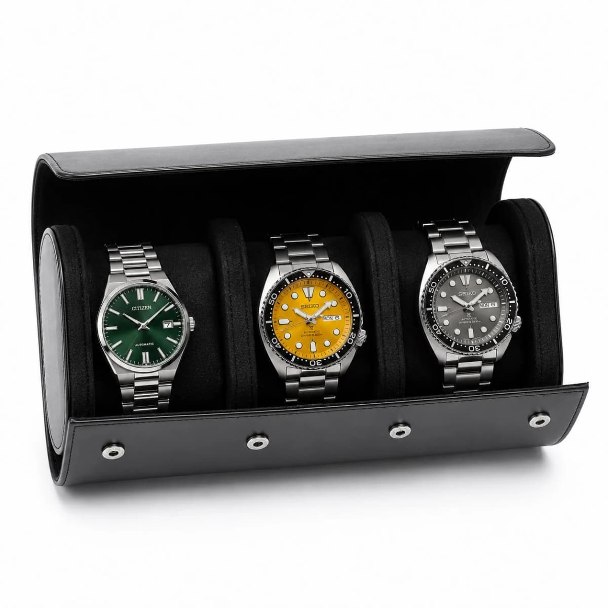 Pochette voyage Trieste noir 3 montres, fermeture rabat, simili-cuir composite