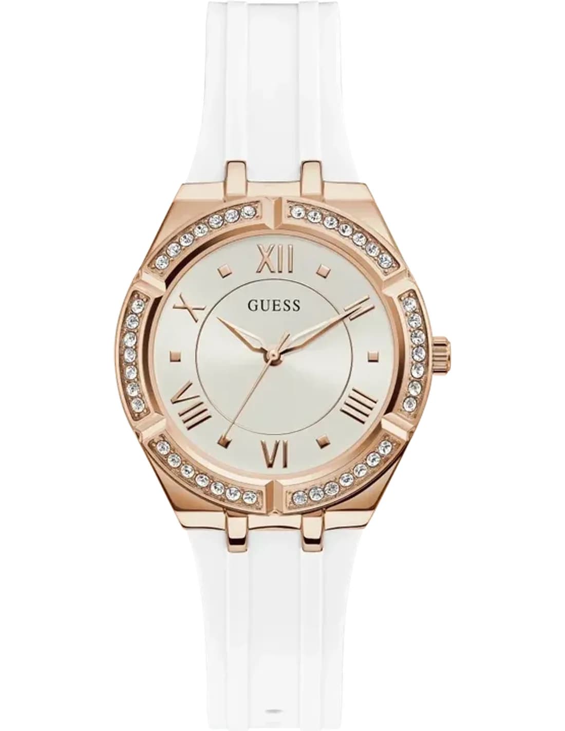 Montre Guess Femme GW0034L2 - Cadran Blanc, Bracelet Silicone Blanc, Boîtier Or Rose