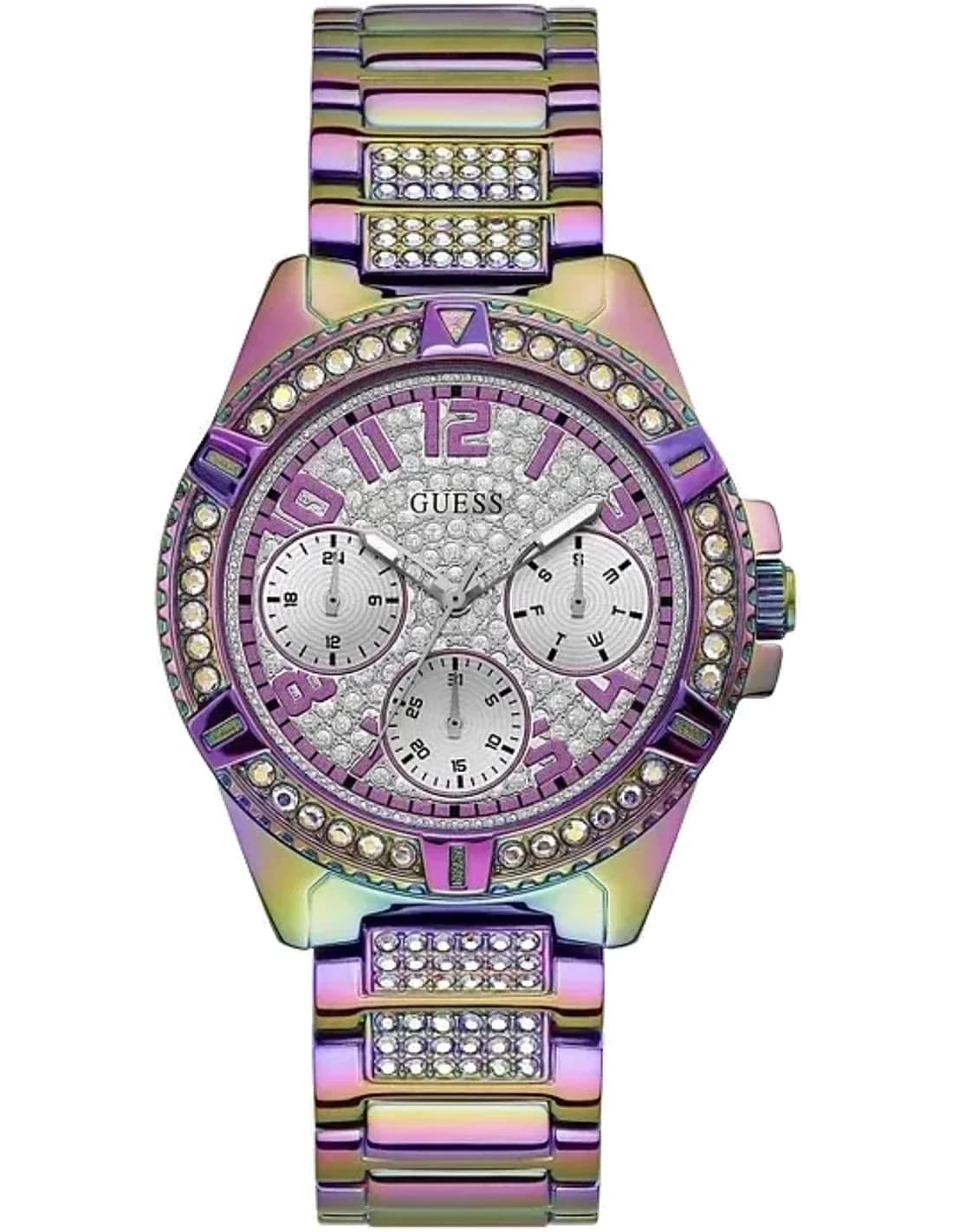 Montre Guess Lady Frontier GW0044L1 pour femme, cadran multicolore et bracelet violet acier
