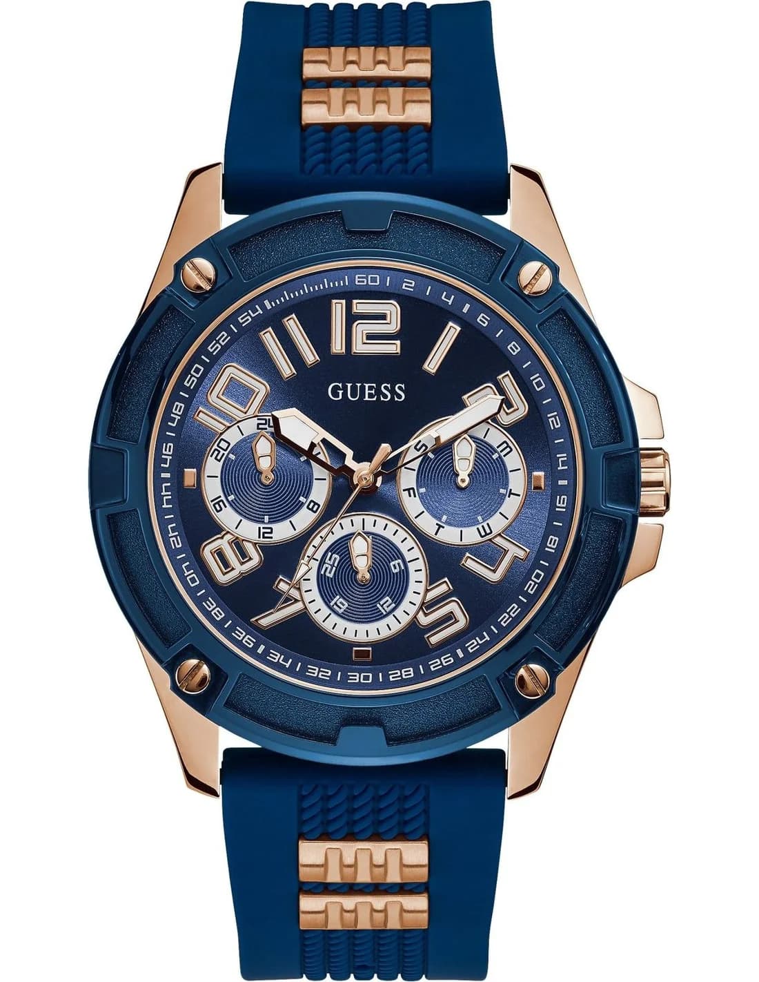 Garde-temps Guess GW0051G3 pour homme, cadran bleu, bracelet silicone noir, style moderne