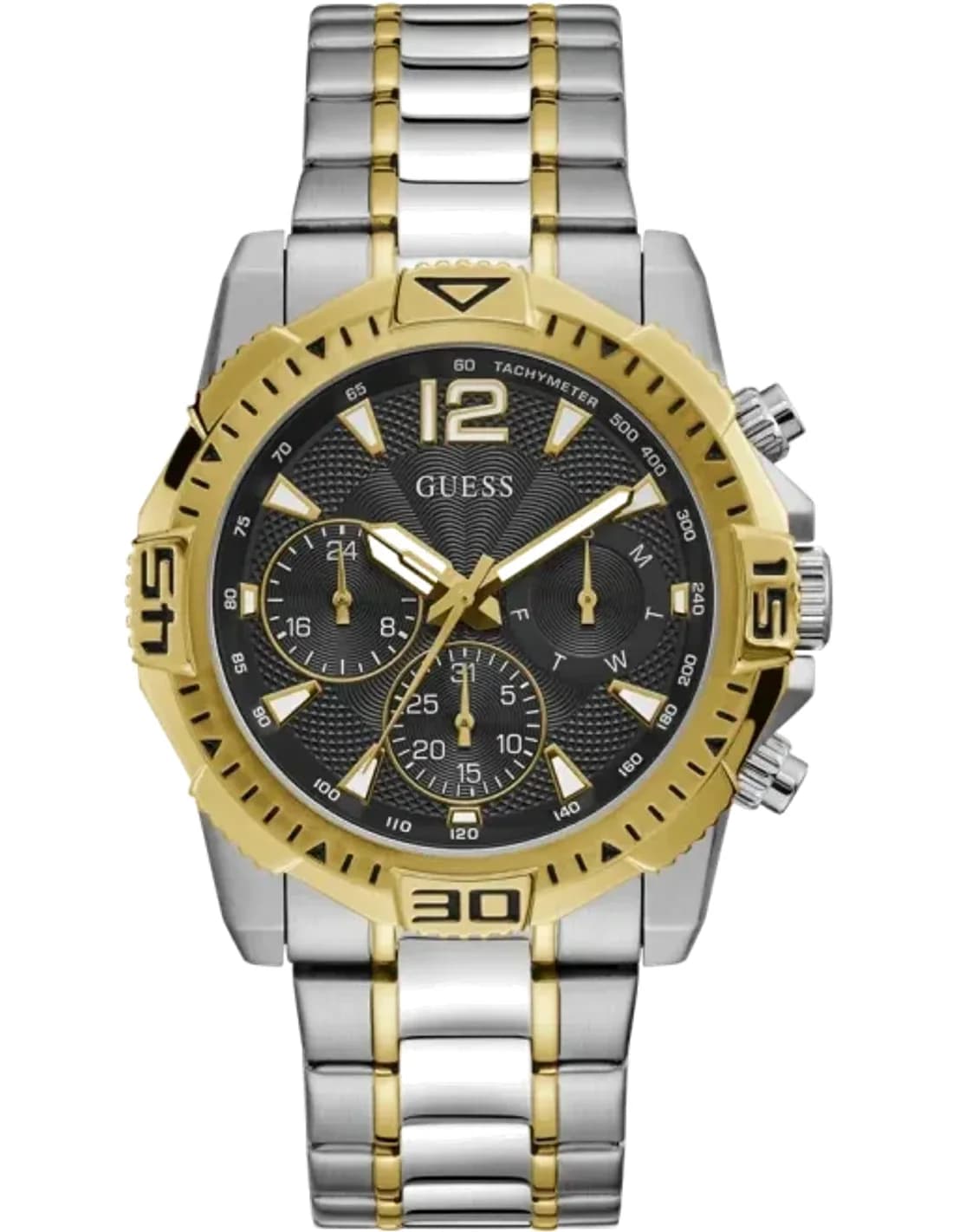 Montre Guess Homme GW0056G4 - Cadran Noir Multifonction, Bracelet Acier Bicolore Argent/Or