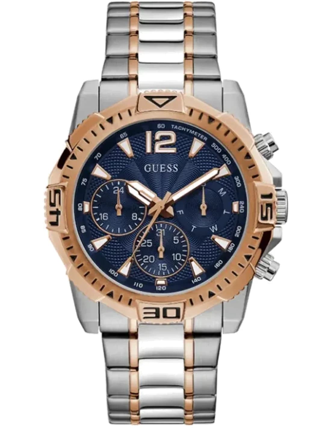 Montre Guess Commander GW0056G5 pour Homme - Cadran Bleu Multifonction, Bracelet Acier Bicolore