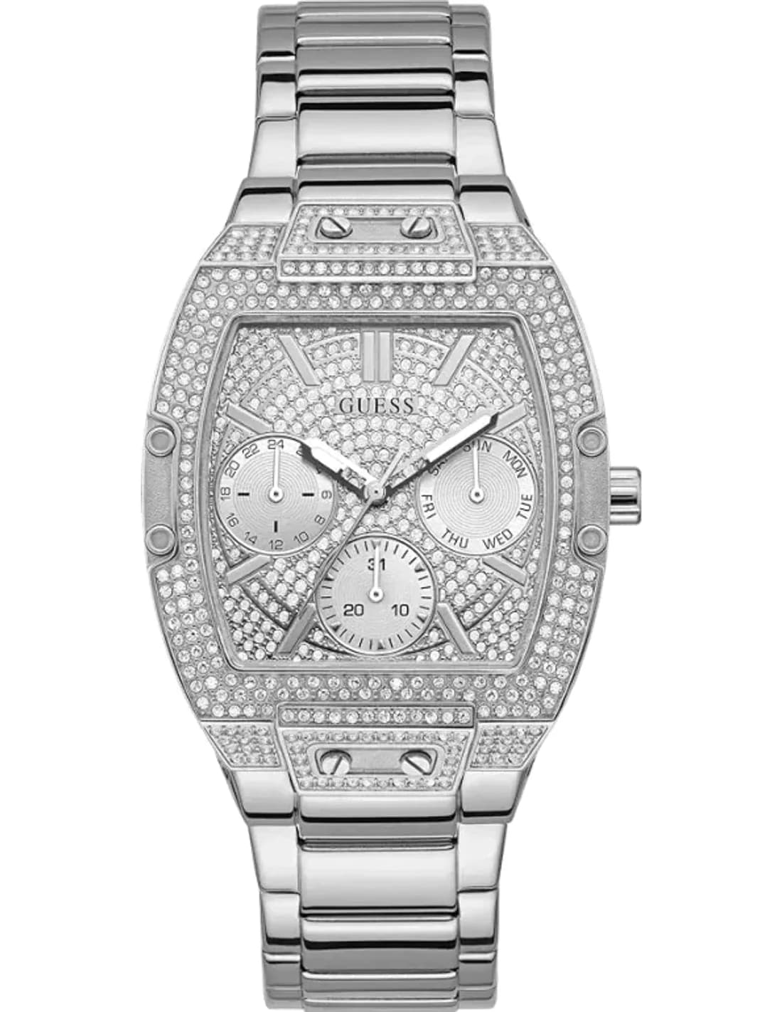 Montre-Bijou Guess Phoenix GW0104L1 pour femme, boîtier argenté et cadran argenté pavé de cristaux