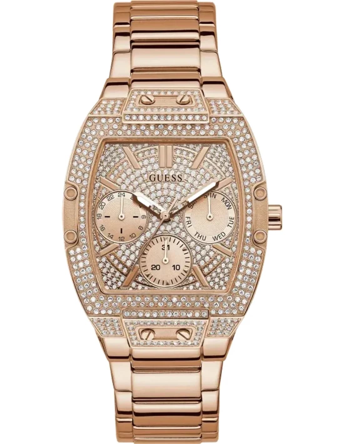 Montre Guess Raven GW0104L3 pour Femme - Boîtier or rose strass, bracelet acier