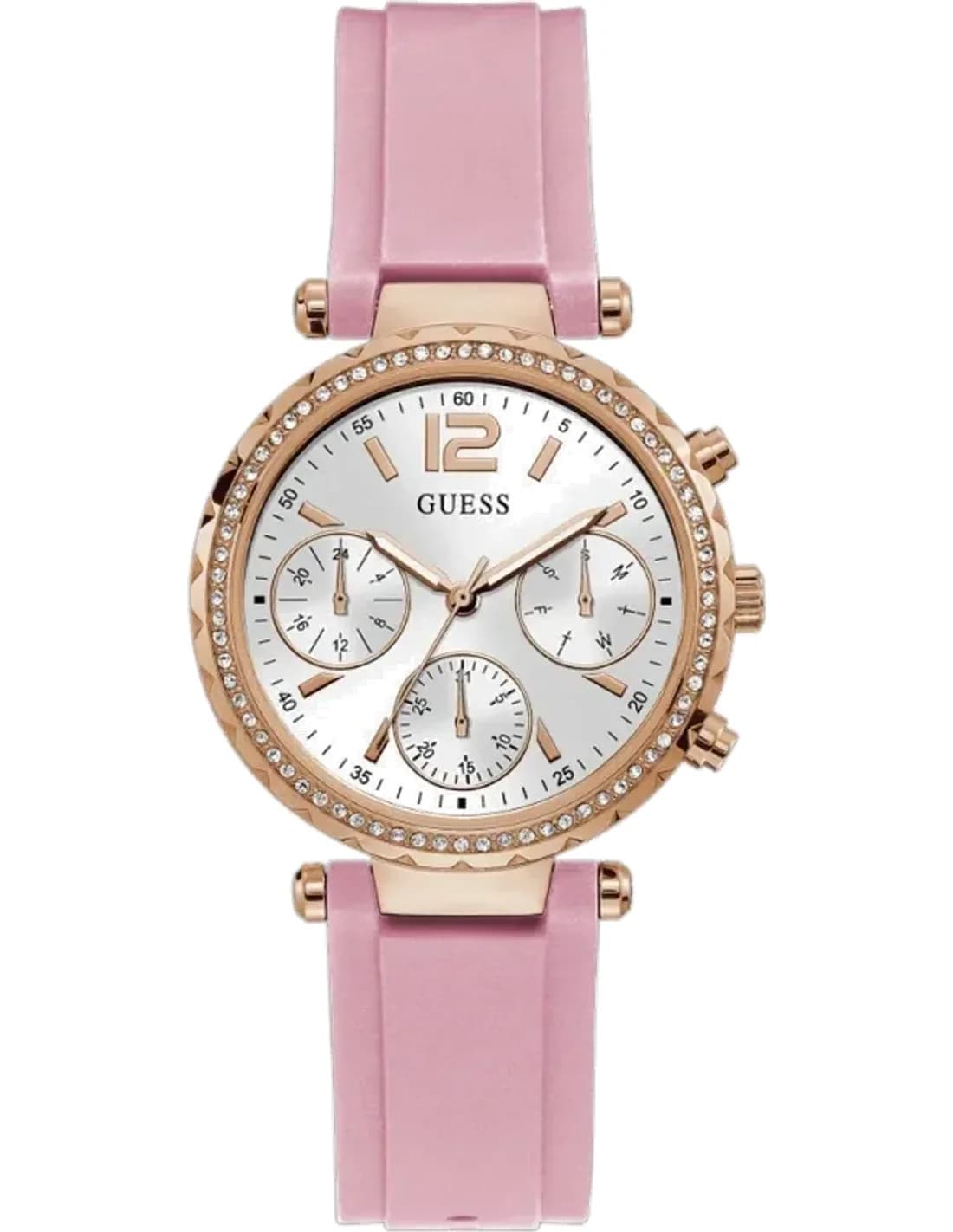 Montre Guess Solstice GW0113L4 pour Femme - Cadran Blanc, Boîtier Or Rose, Bracelet Silicone Rose