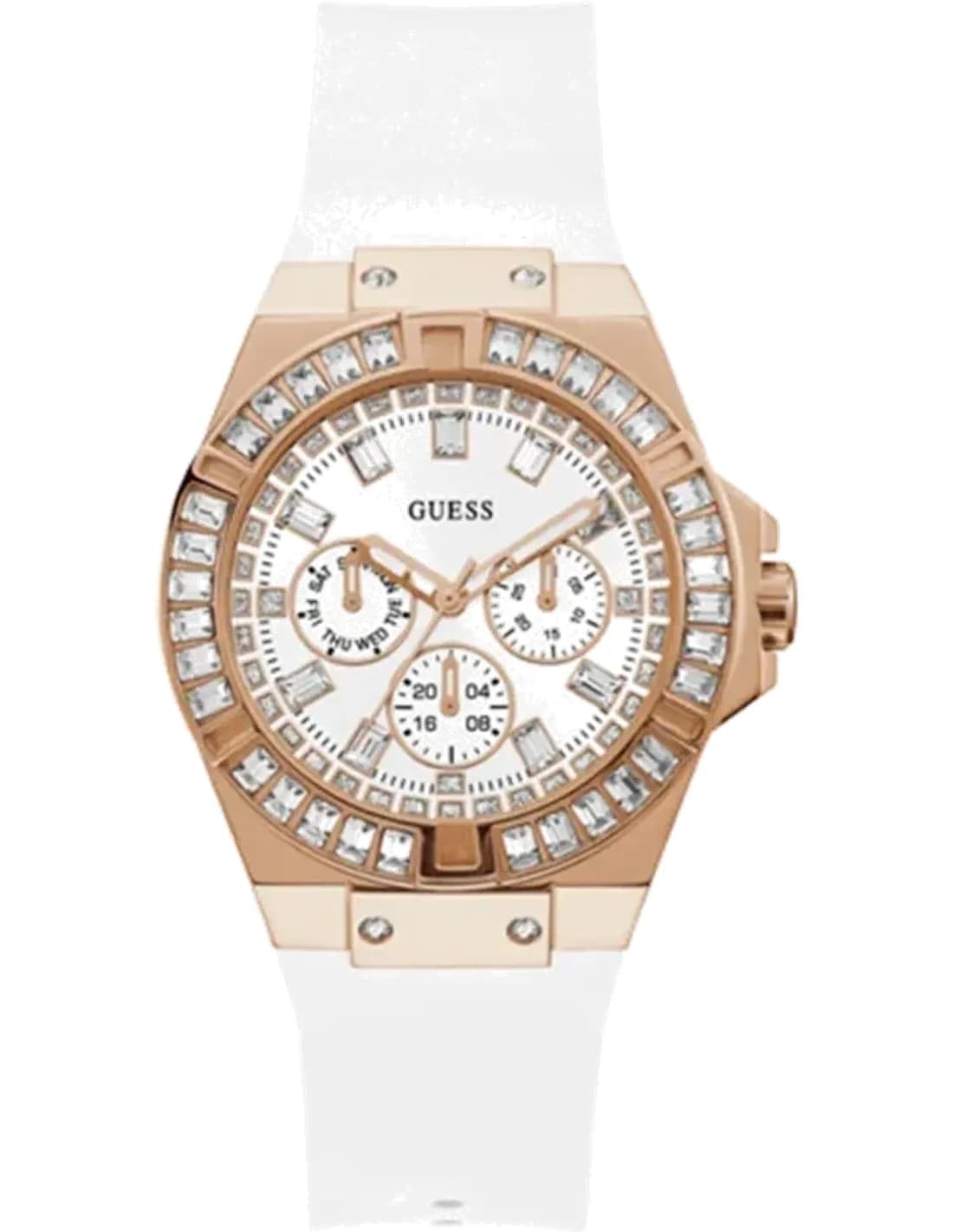 Montre Femme Guess Venus GW0118L4 en Silicone Or Rose et Silicone Blanc avec Cadran à Cristaux
