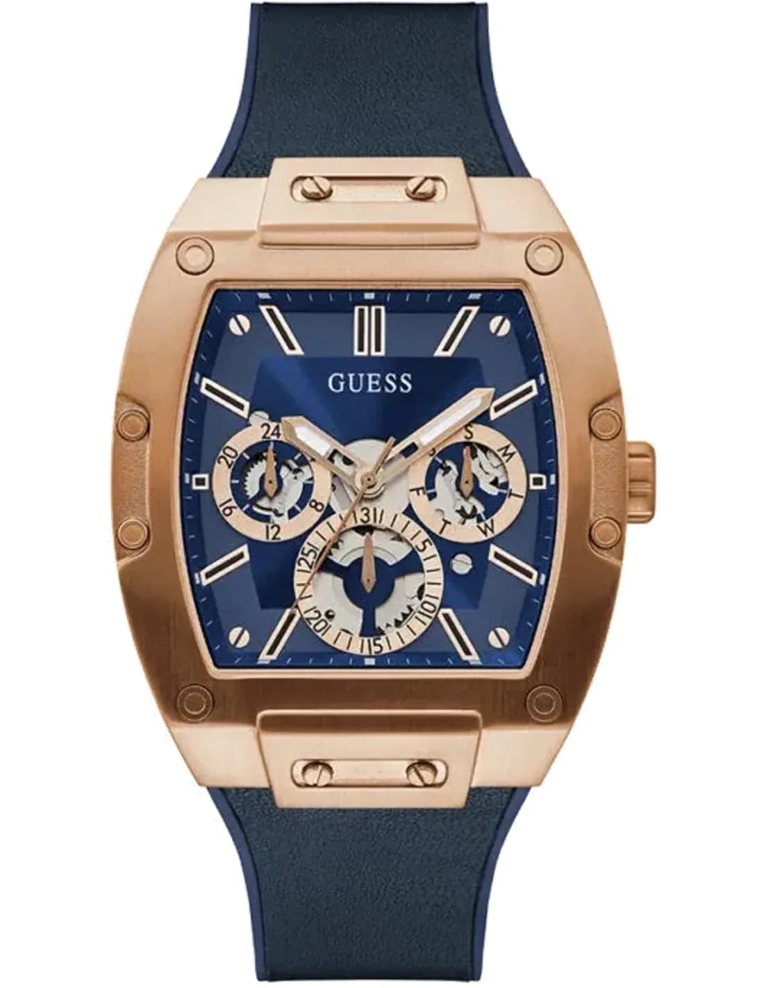 Montre Guess Phoenix GW0202G4 Homme - Boîtier Or Rose, Cadran et Bracelet Silicone Bleu