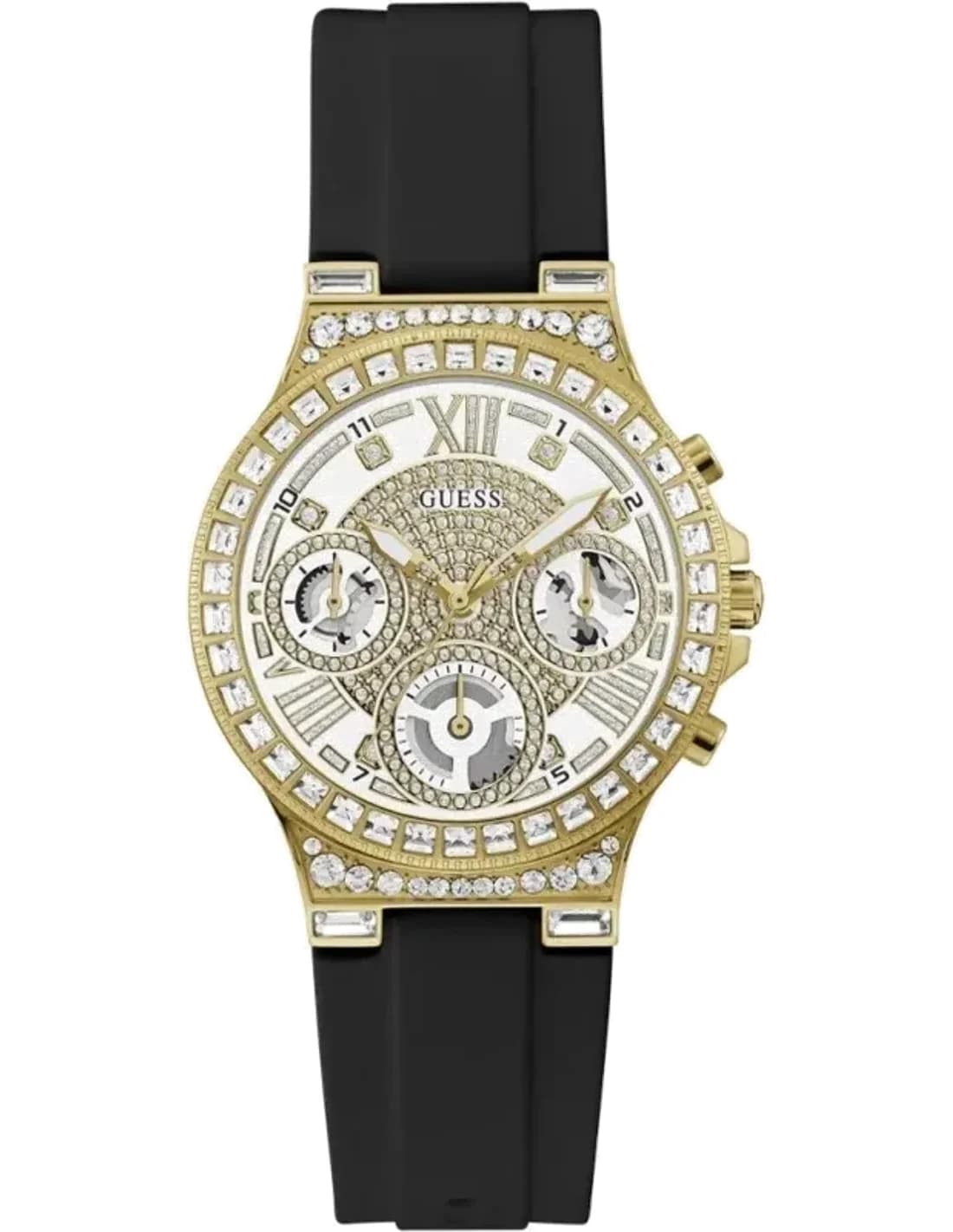 Montre Guess Moonlight GW0257L1 pour Femme - Cadran Multifonction Bicolore, Bracelet Silicone Noir