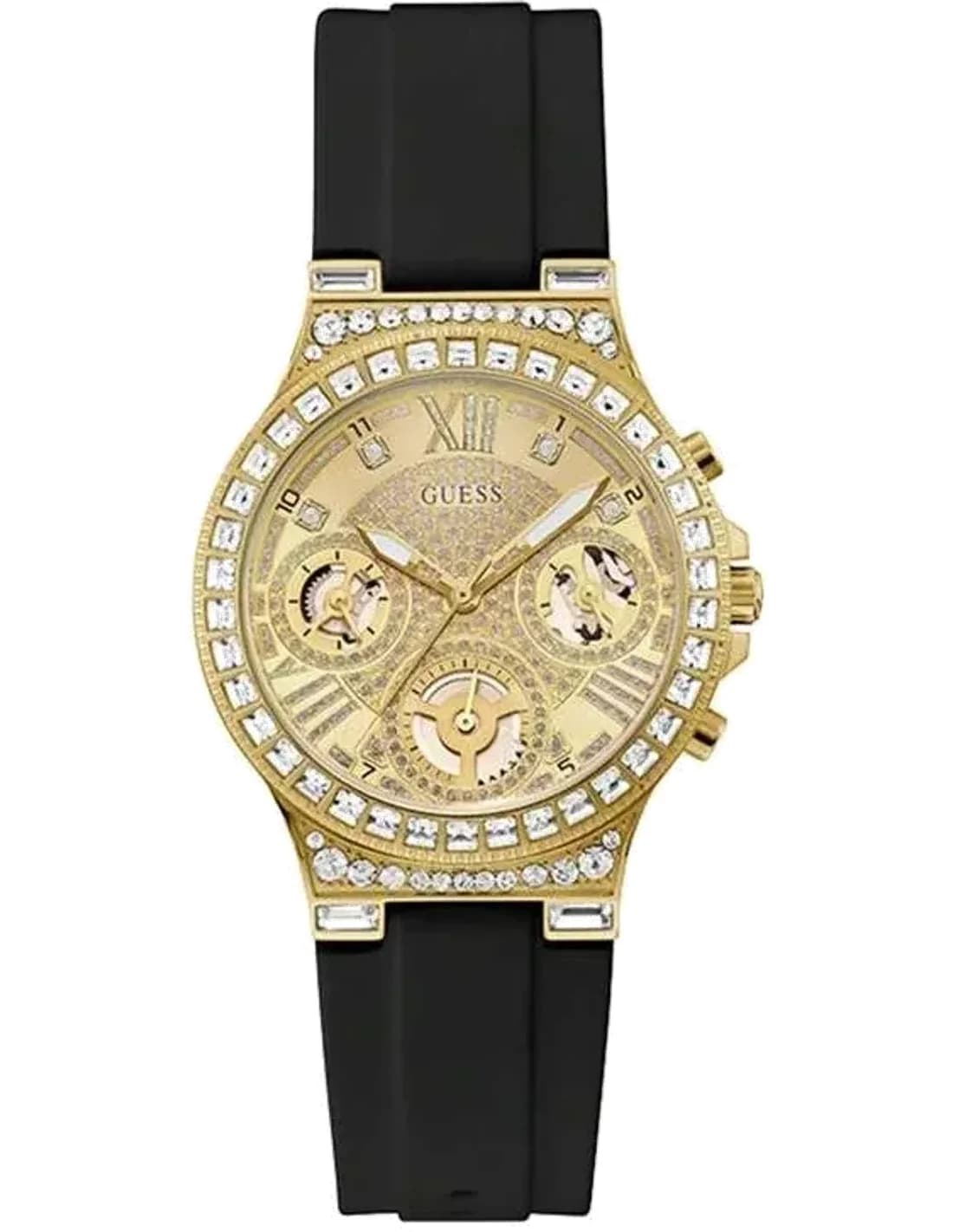 Montre Femme Guess Moonlight GW0257L1G - Cadran doré multifonction, bracelet silicone noir