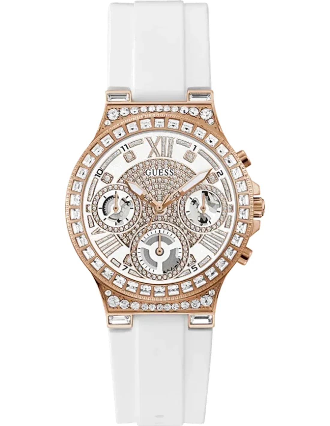 Montre Guess Moonlight GW0257L2 pour Femme - Boîtier Or Rose Strass, Bracelet Silicone Blanc