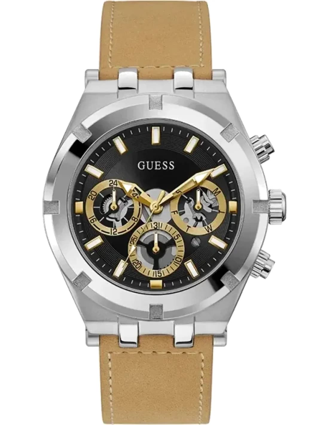 Montre Homme Guess GW0262G1 Boîtier Argenté, Cadran Noir Multifonction, Bracelet Cuir Marron