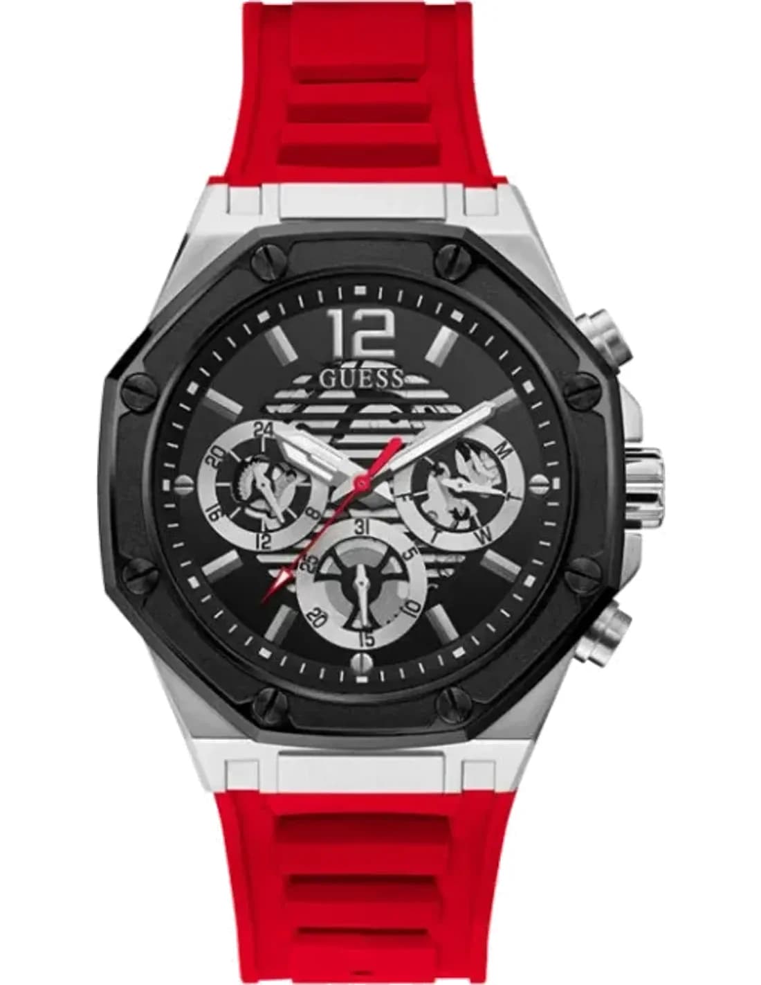 Montre Homme Guess GW0263G3 - Boîtier argenté, cadran noir, bracelet silicone rouge