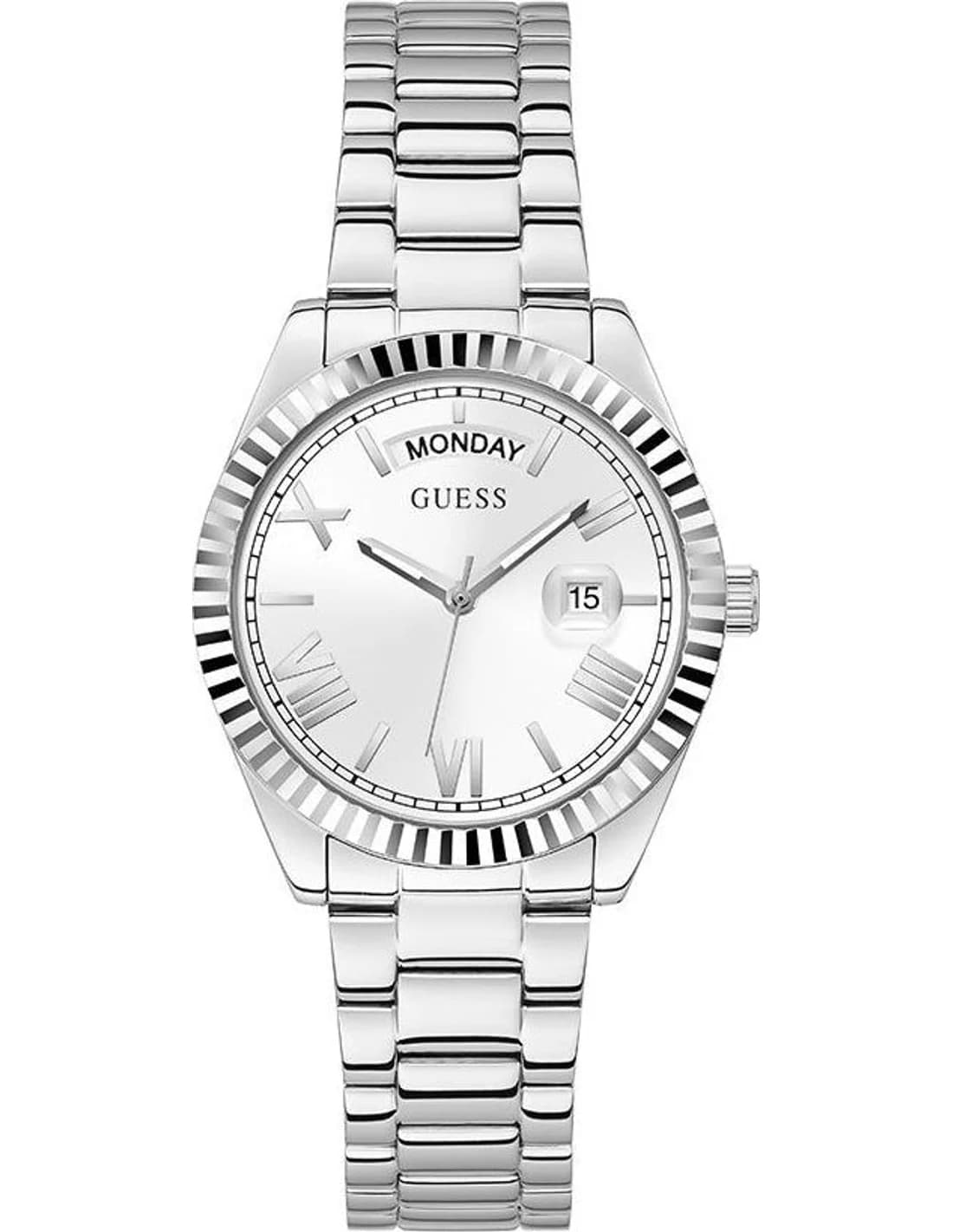 Garde-temps Guess GW0308L1 pour femme, cadran argenté, bracelet acier argenté, style intemporel