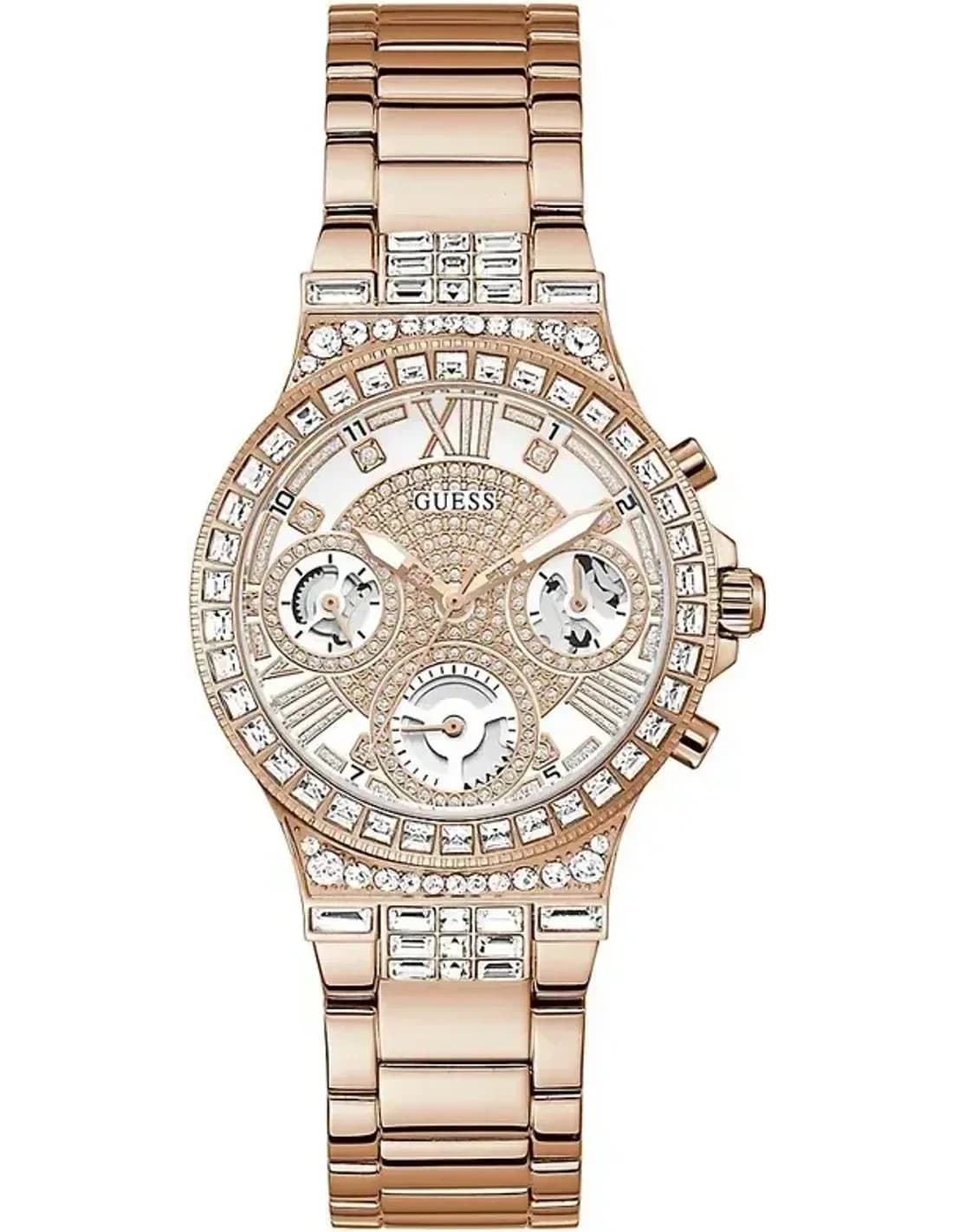 Montre Femme Guess Moonlight GW0320L3 - Boîtier Acier Or Rose, Lunette Strass, Cadran Blanc