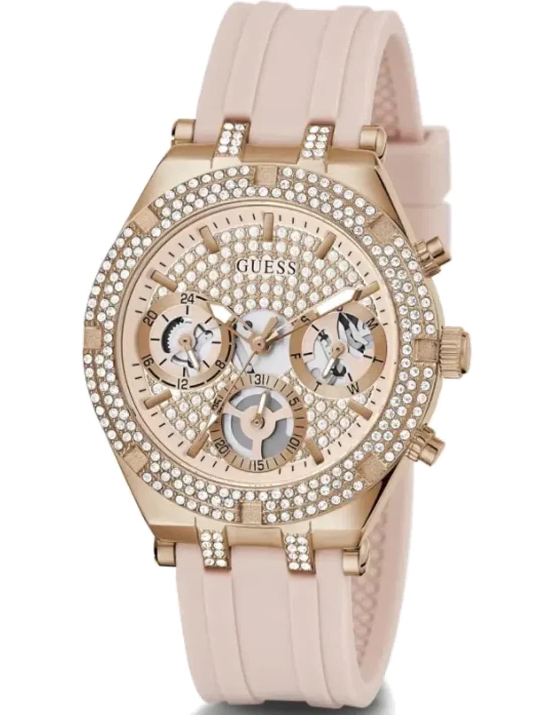 Montre Guess Heiress GW0407L3 pour Femme - Boîtier or rose à strass, bracelet silicone rose