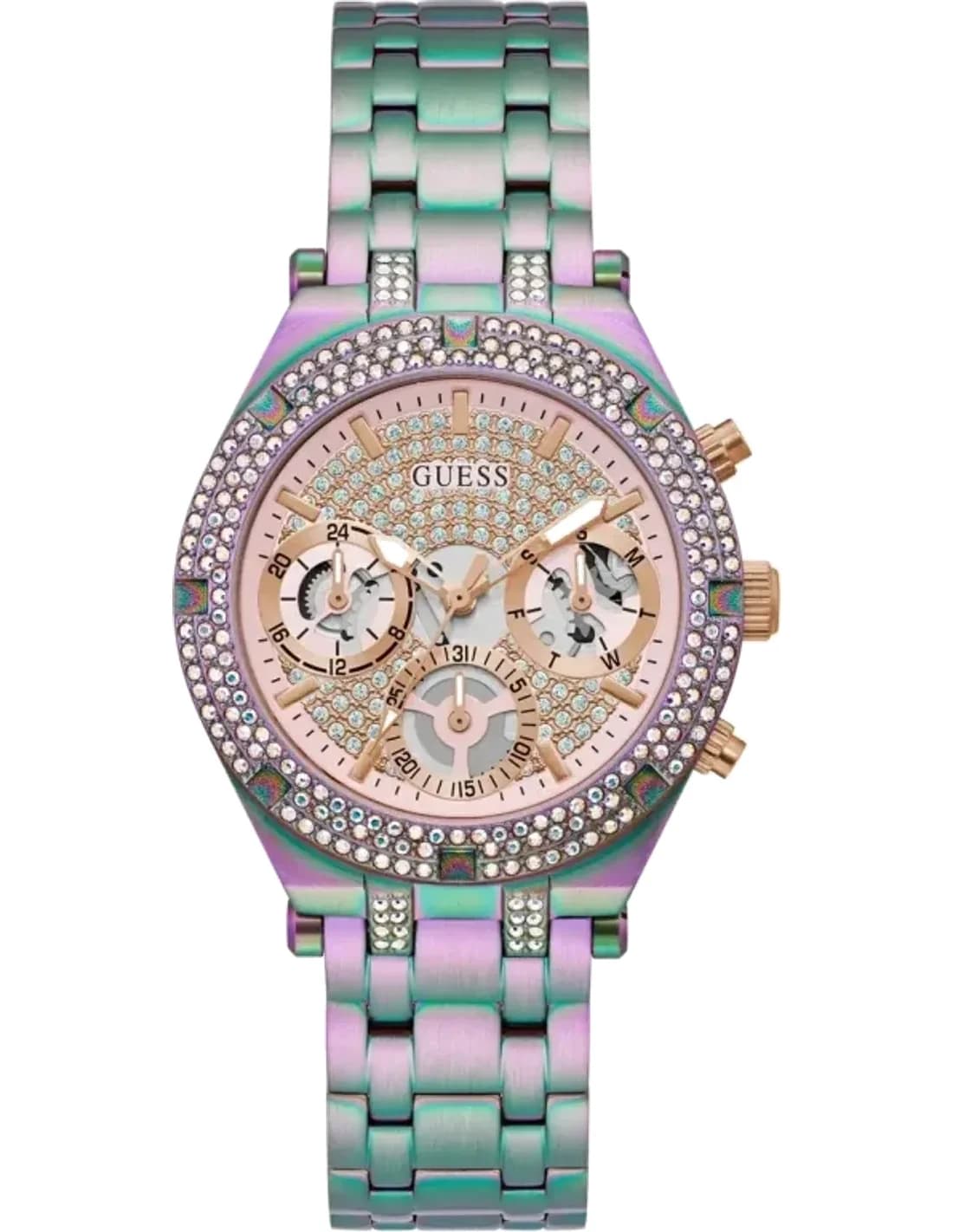 Montre Guess Heiress Rainbow GW0440L3 pour femme, bracelet acier violet multicolore
