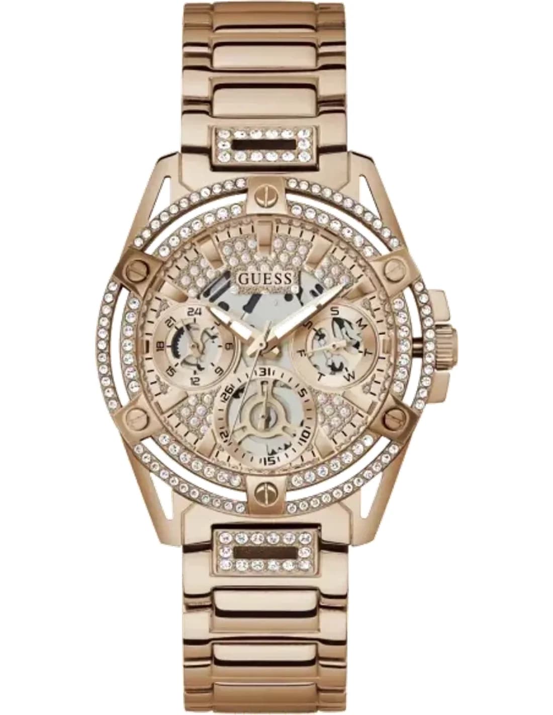 Montre Guess Queen GW0464L3 pour Femme, Cadran Or Rose à Cristaux, Bracelet Acier