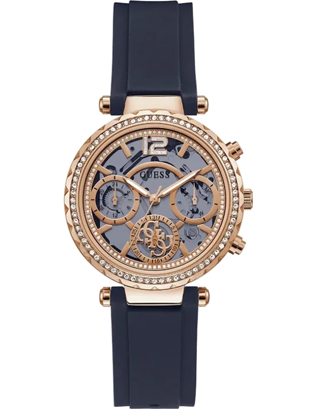 Montre Femme Guess GW0484L2 Squelette, Boîtier Or Rose, Bracelet Silicone Noir