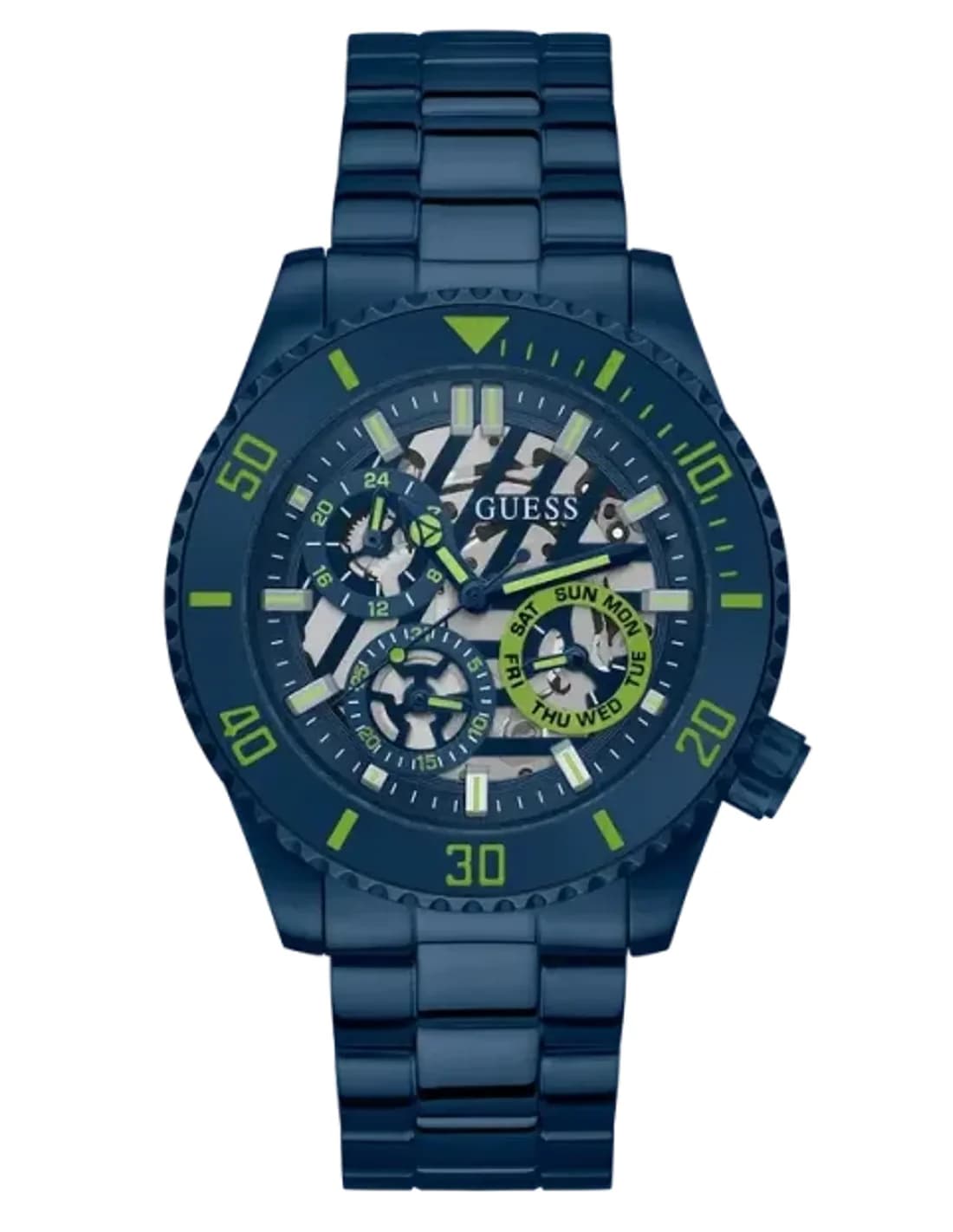 Montre Homme Guess Axle GW0488G4 - Cadran squelette bleu sur bracelet acier