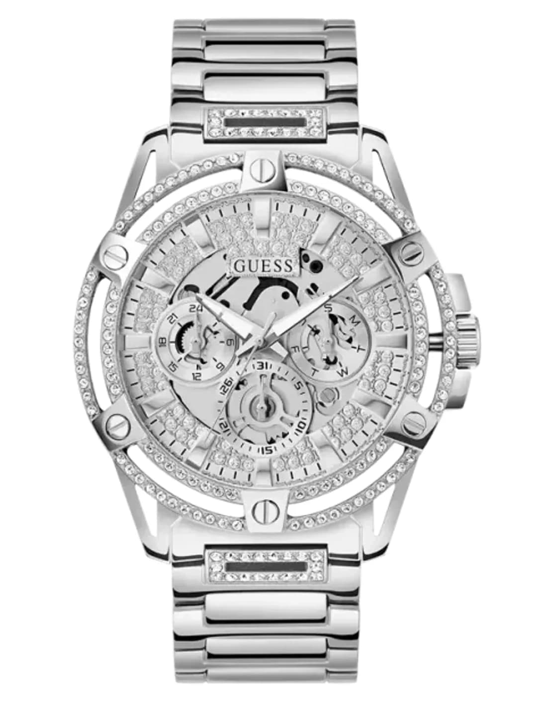 Montre Guess King GW0497G1 bracelet acier argent boîtier strass pour homme
