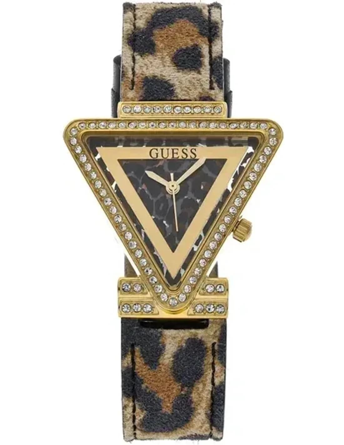 Montre Guess Fame GW0504L3 pour Femme - Boîtier doré triangle avec strass et bracelet cuir léopard