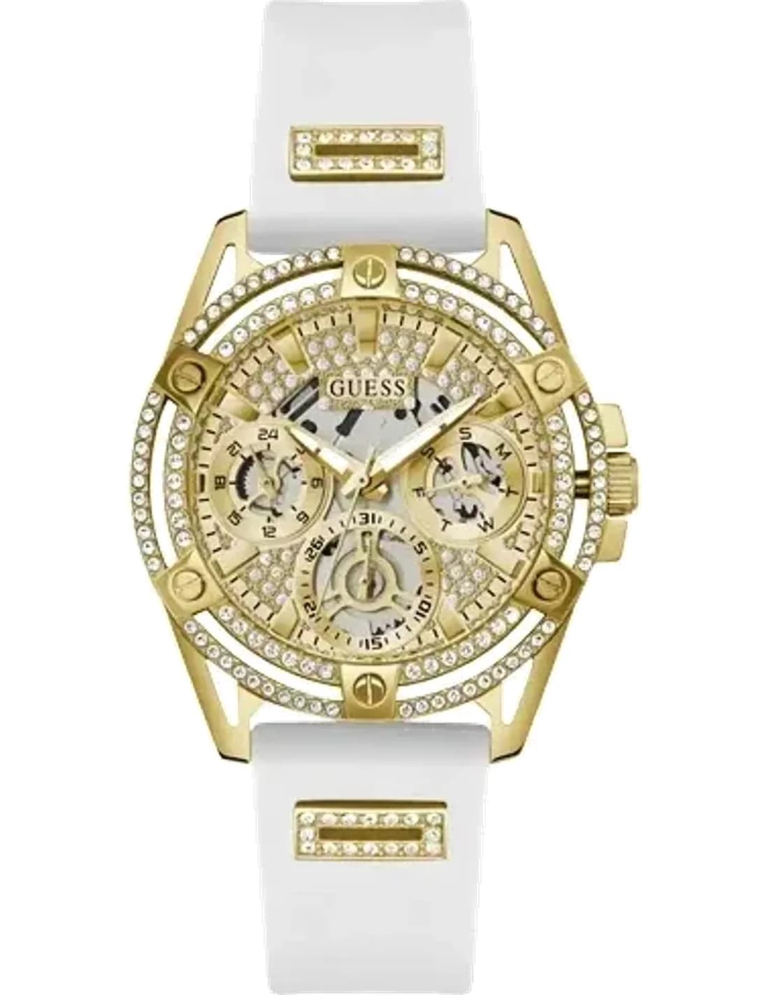 Montre Guess Queen GW0536L2 pour Femme - Boîtier Doré Strass, Bracelet Silicone Blanc