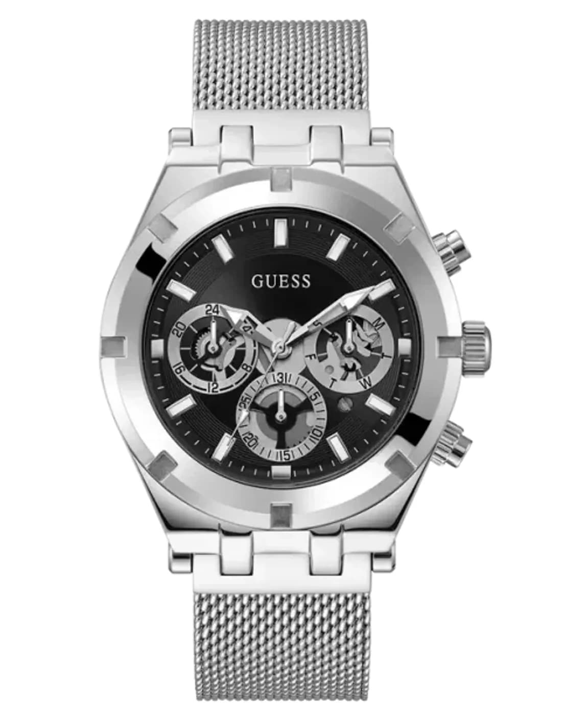 Montre Homme Guess Continental GW0582G1, cadran noir multifonction, bracelet maille milanaise argent