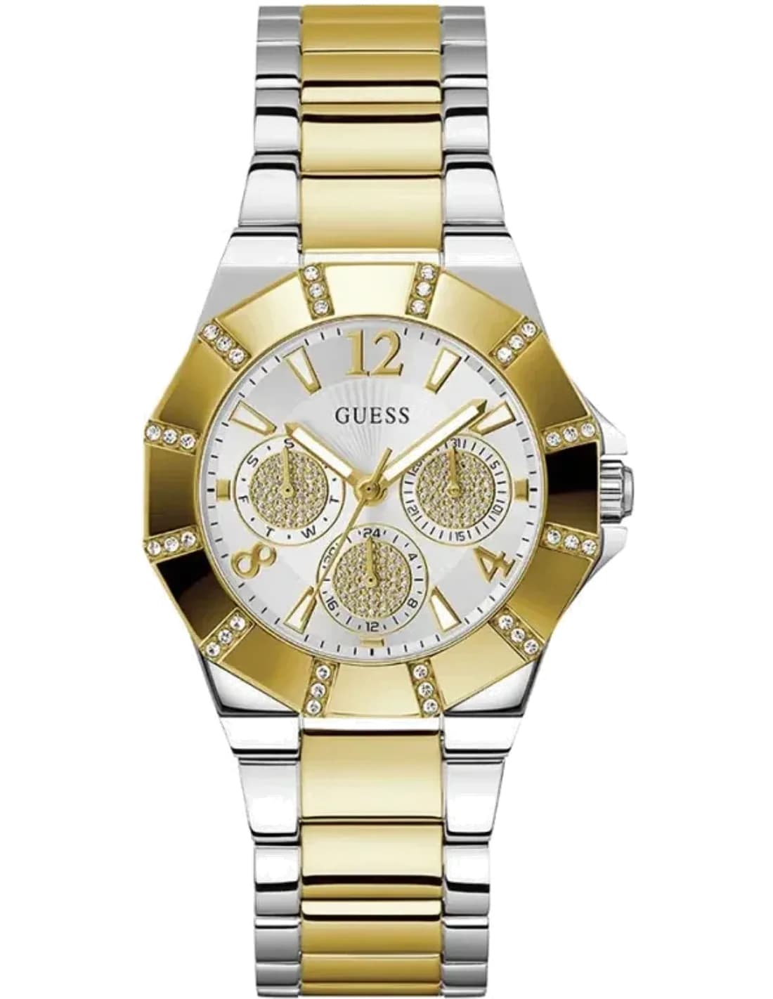Montre Guess Sunray GW0616L2 pour Femme, Cadran Argent Multifonction, Bracelet Acier Bicolore Argent/Or