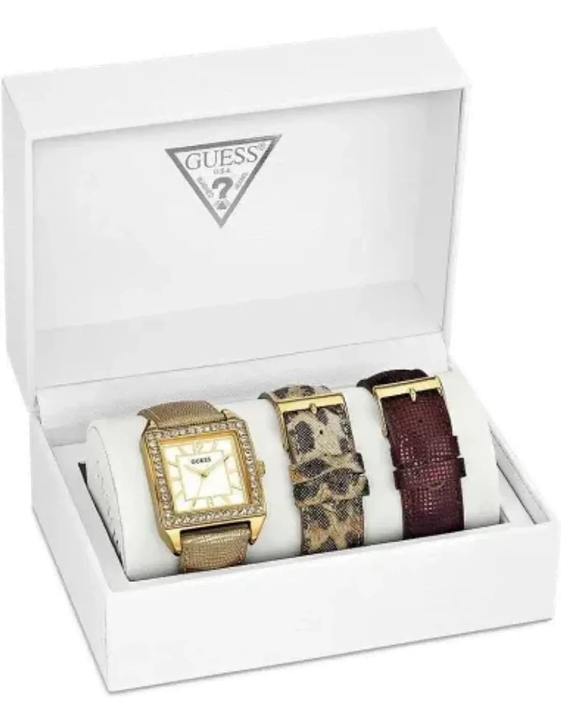 Montre Guess W0068L2 Femme, Boîtier Or et Cadran Blanc, Coffret avec 3 Bracelets