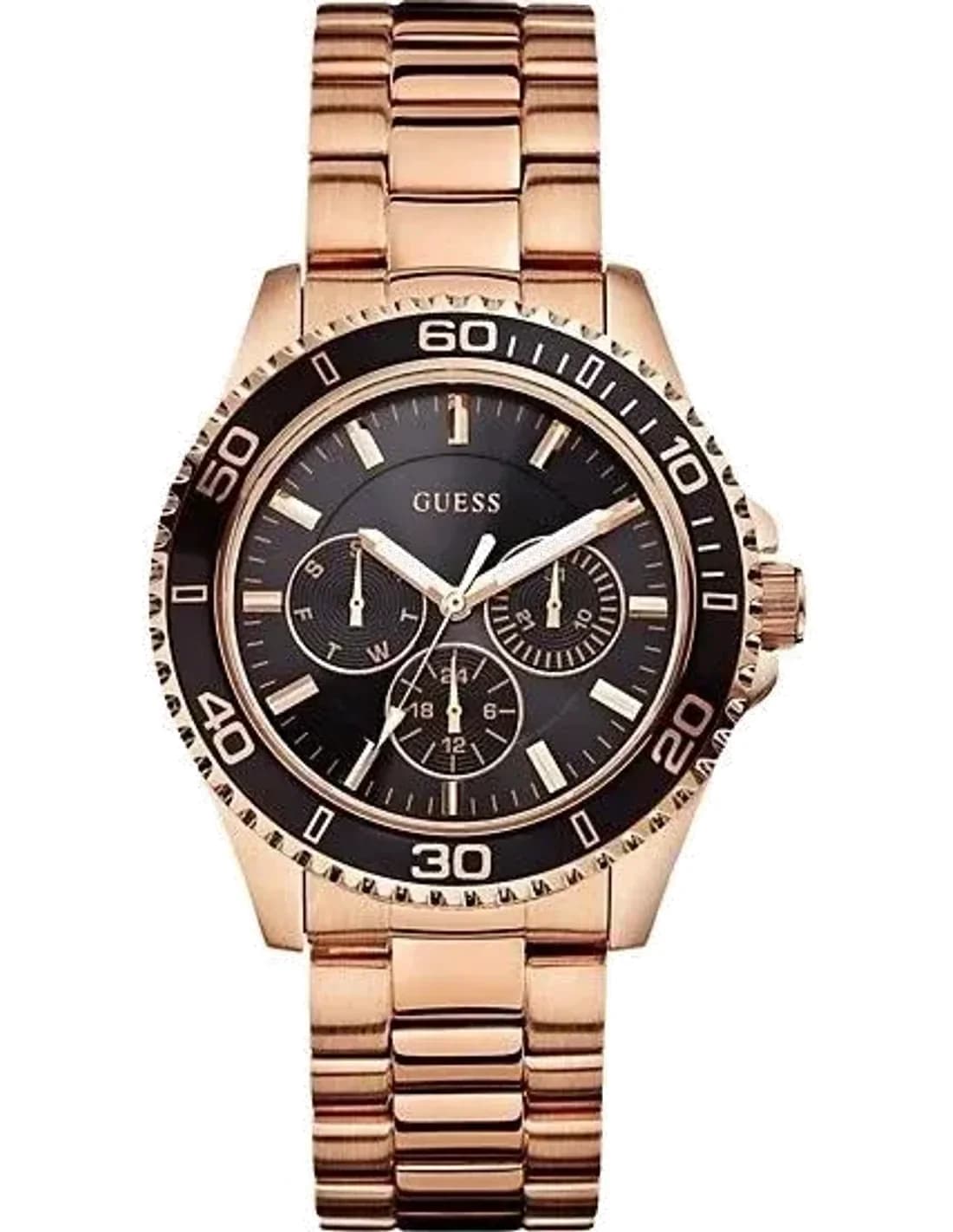 Montre Femme Guess Boîtier en or rose 40 mm W0231L7 Cadran noir Bracelet en or rose en acier inoxydable Multifonction