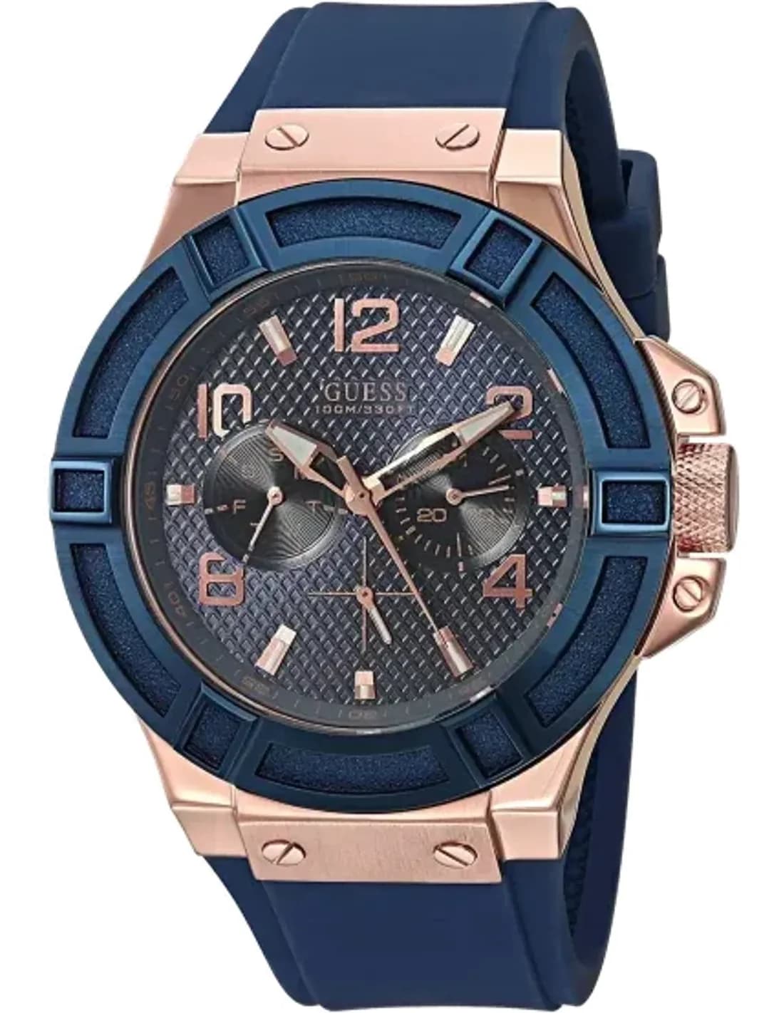 Montre Homme Guess Rigor W0247G3 - Boîtier bicolore or rose, cadran et bracelet bleu
