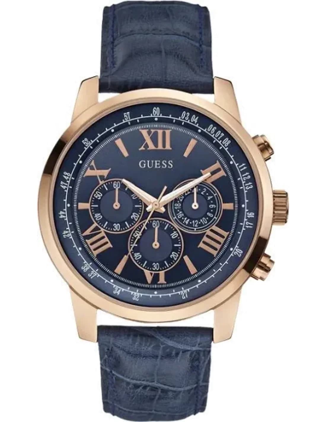 Montre Homme Guess Horizon W0380G5 - Boîtier Or Rose, Cadran Bleu, Bracelet Cuir