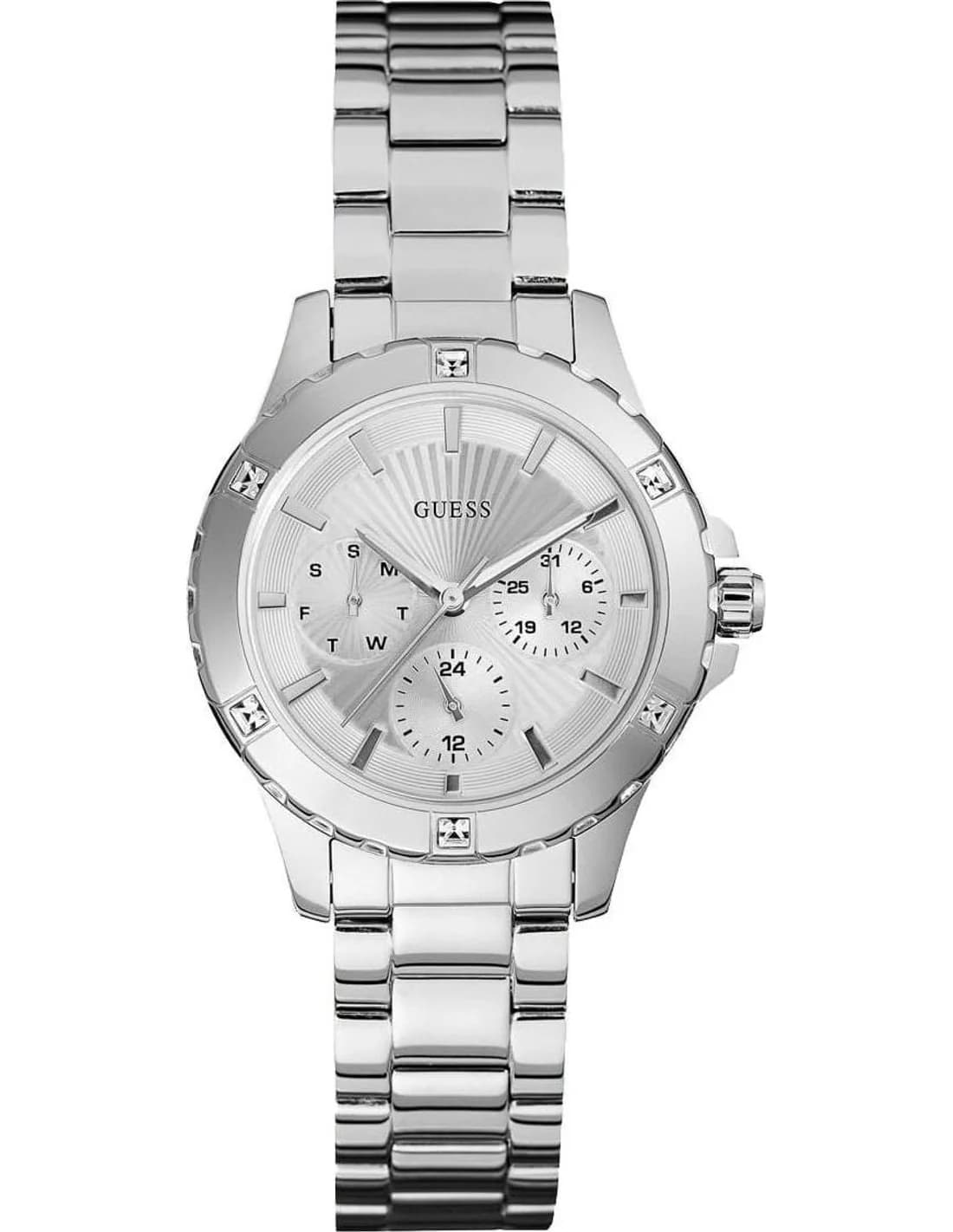 Garde-temps Guess W0443L1 pour femme, cadran argenté, bracelet acier