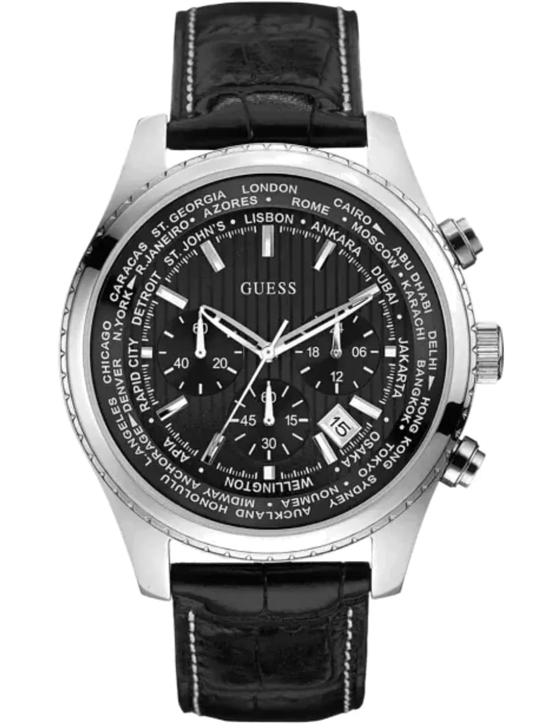 Montre Homme Guess W0500G2 - Boîtier Argenté 46mm, Cadran Noir Multifonction, Bracelet Cuir Noir
