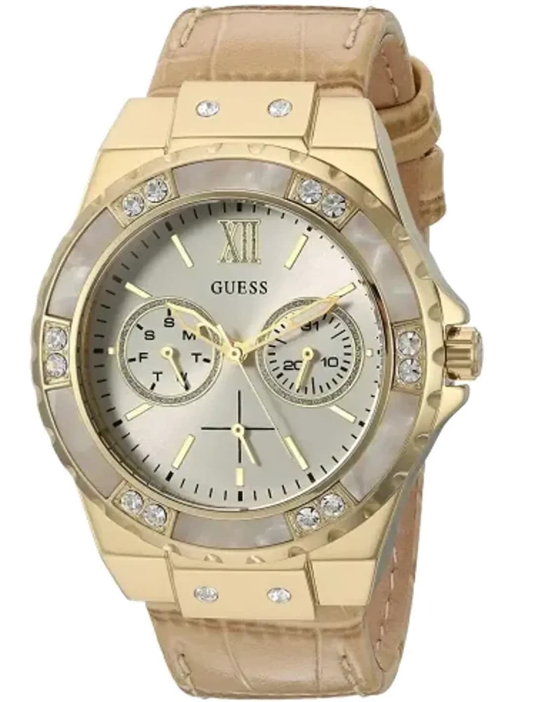 Montre Guess W0775L2 pour Femme, Cadran Argent et Boîtier Or, Bracelet Cuir Beige Python