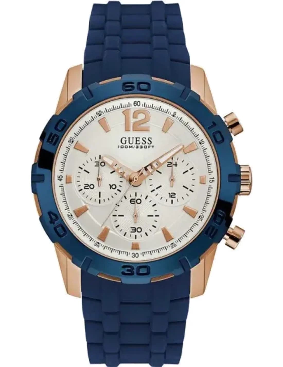 Montre Guess Homme W0864G5 - Boîtier Silicone Or Rose 45mm, Cadran Blanc, Bracelet Silicone Bleu