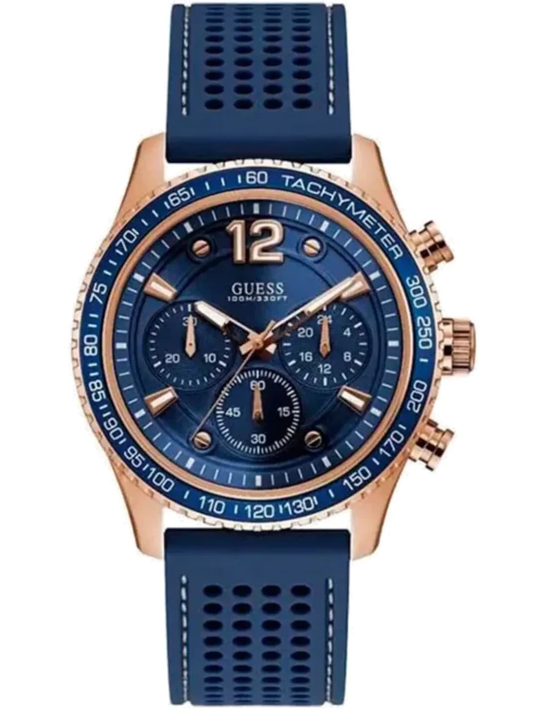 Montre Homme Guess Fleet Sport W0971G3 - Cadran bleu, boîtier or rose, bracelet silicone bleu