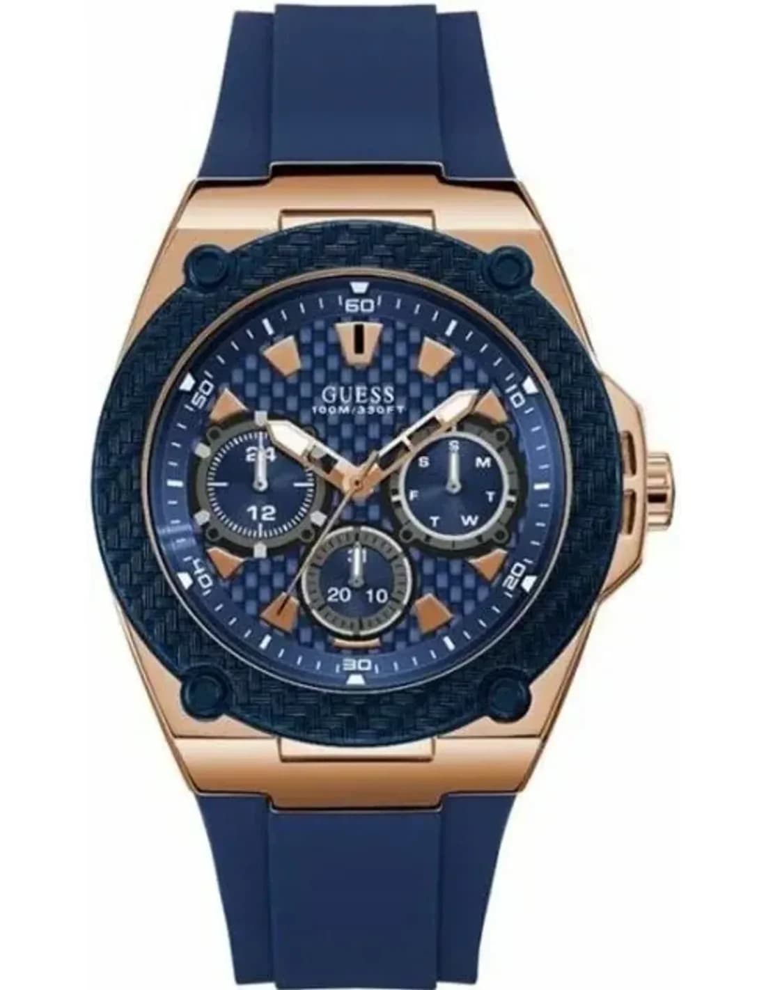 Montre Homme Guess Legacy W1049G2 - Chronomètre sport en silicone bleu et or rose