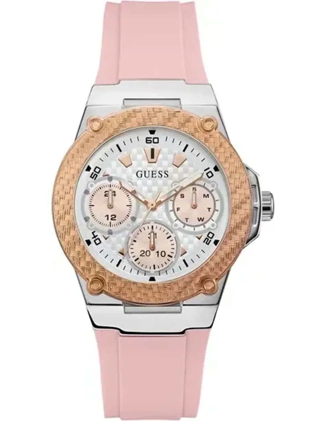 Montre Femme Guess Zena W1094L4 - Boîtier Bicolore Argent/Rose & Bracelet Silicone Rose