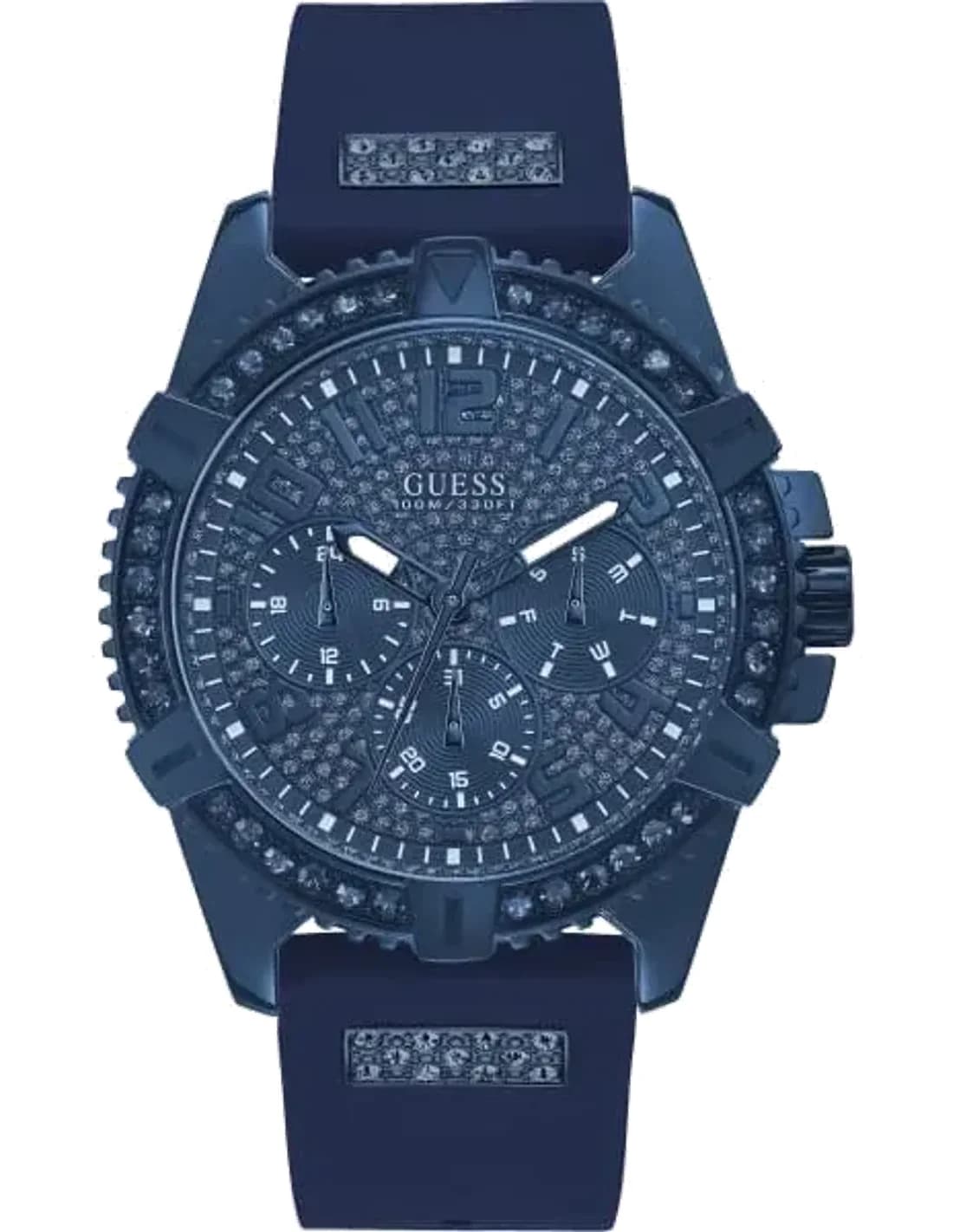 Montre Homme Guess W1132G4 - Boîtier bleu orné de strass, bracelet silicone bleu
