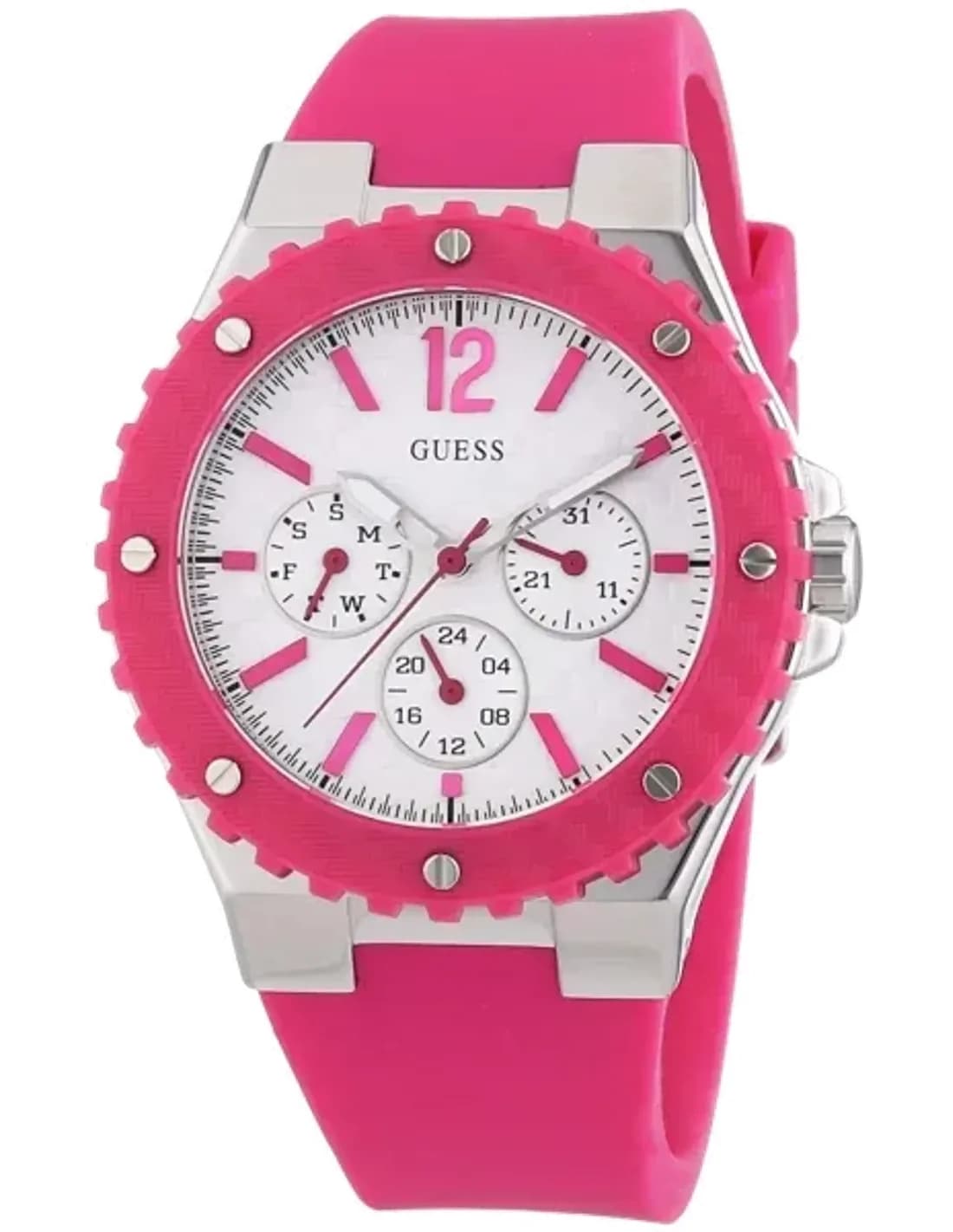 Montre Femme Guess Overdrive W90084L2 - Cadran Blanc, Bracelet Fuschia en Résine