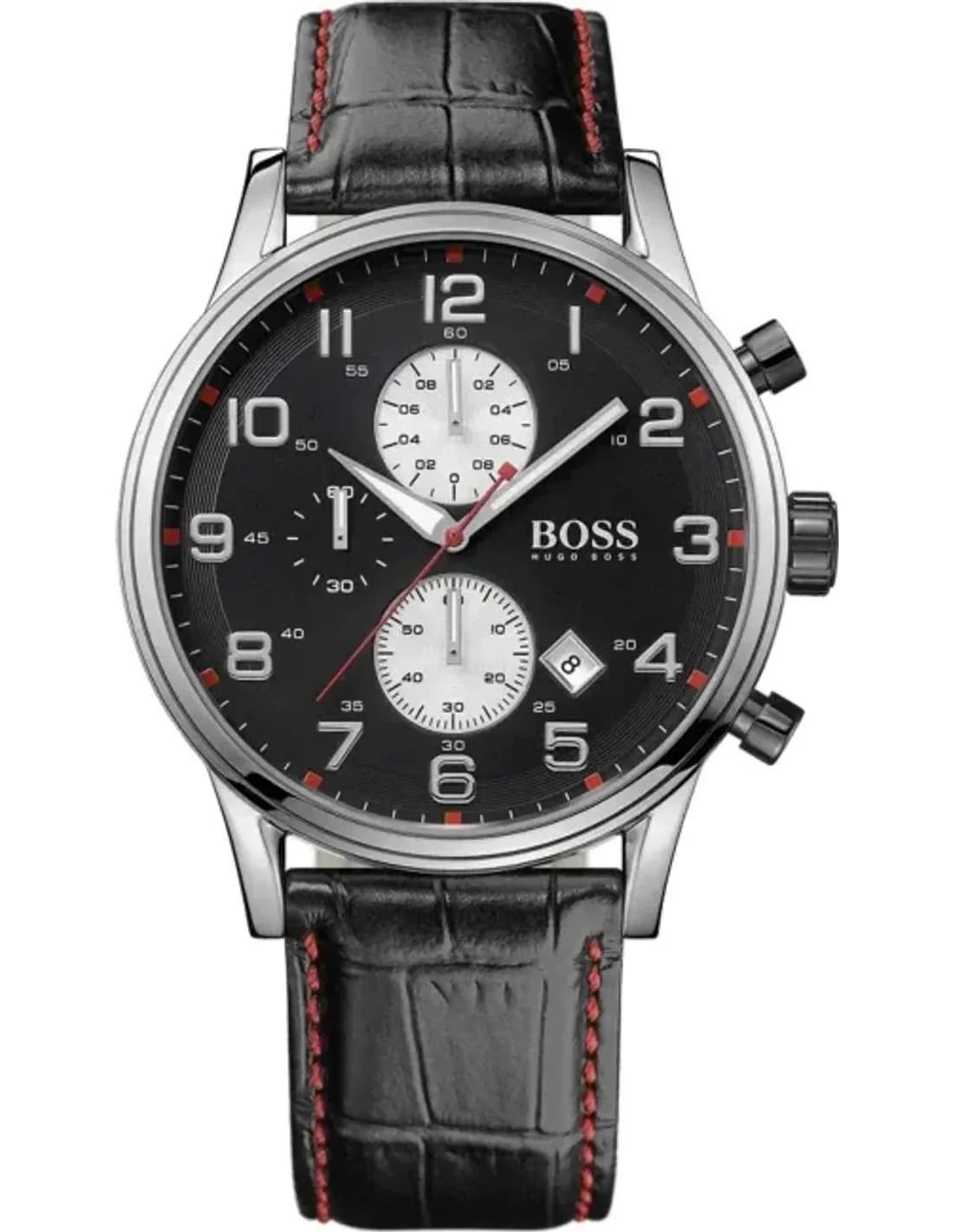 Montre Homme Hugo Boss 1512631 - Cadran Noir, Bracelet Cuir Crocodile Noir et Surpiqûres Rouges