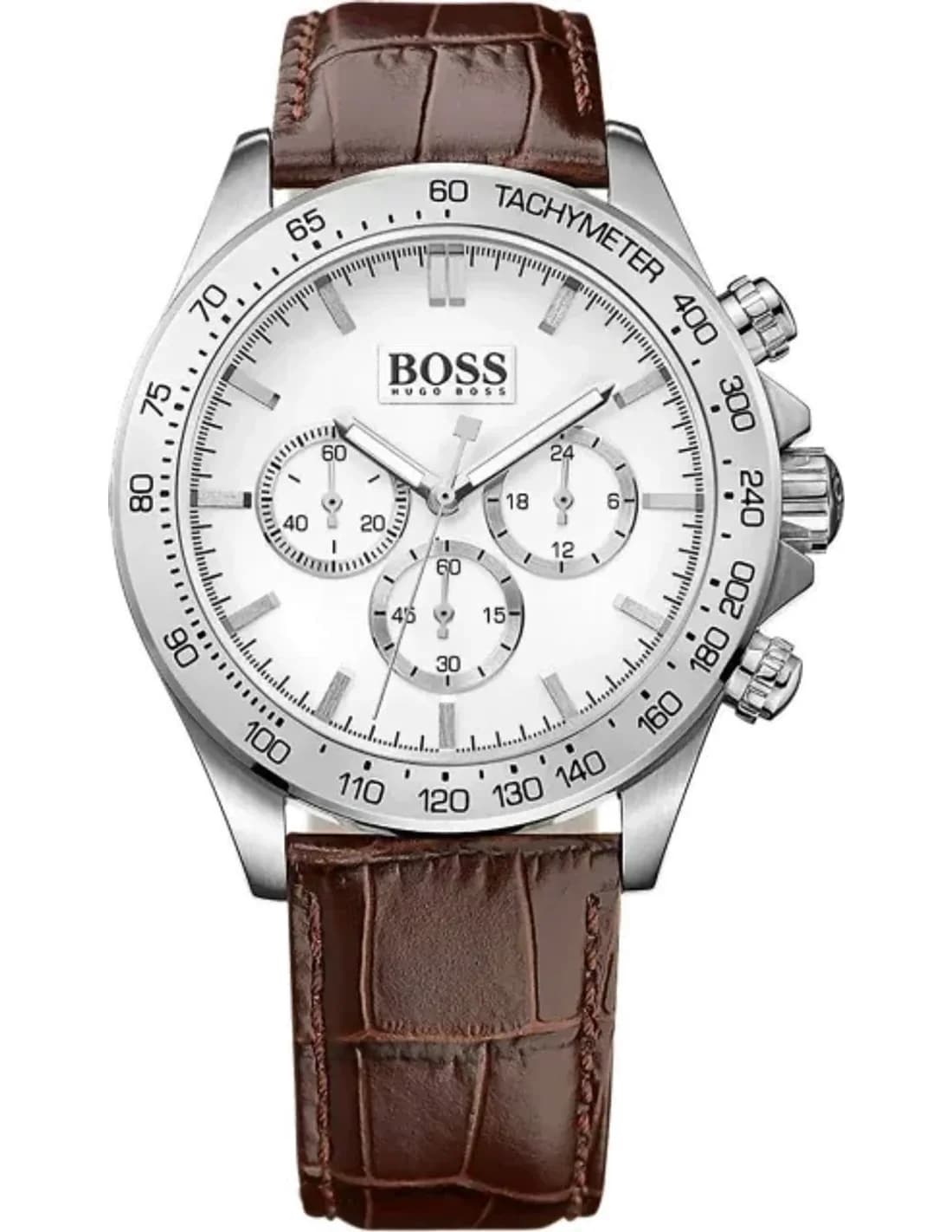 Montre Homme Hugo Boss 1513175 Chronographe Sport Cadran Argent Bracelet Cuir Marron
