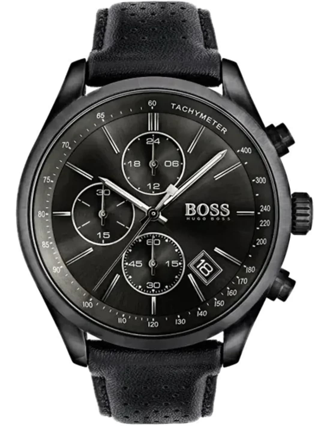 Montre Homme Hugo Boss 1513474 Chronomètre, Boîtier Noir Acier, Bracelet Cuir Noir Surpiqué