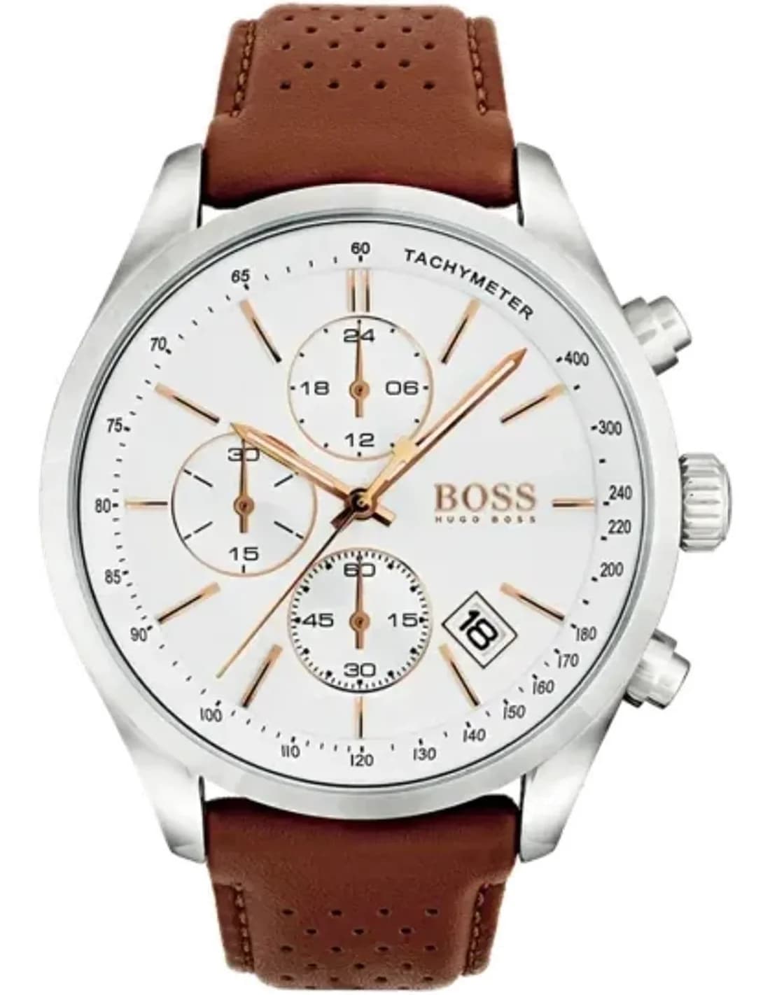 Montre Homme Hugo Boss 1513475 Cadran Blanc Boîtier Argent Bracelet Cuir Marron
